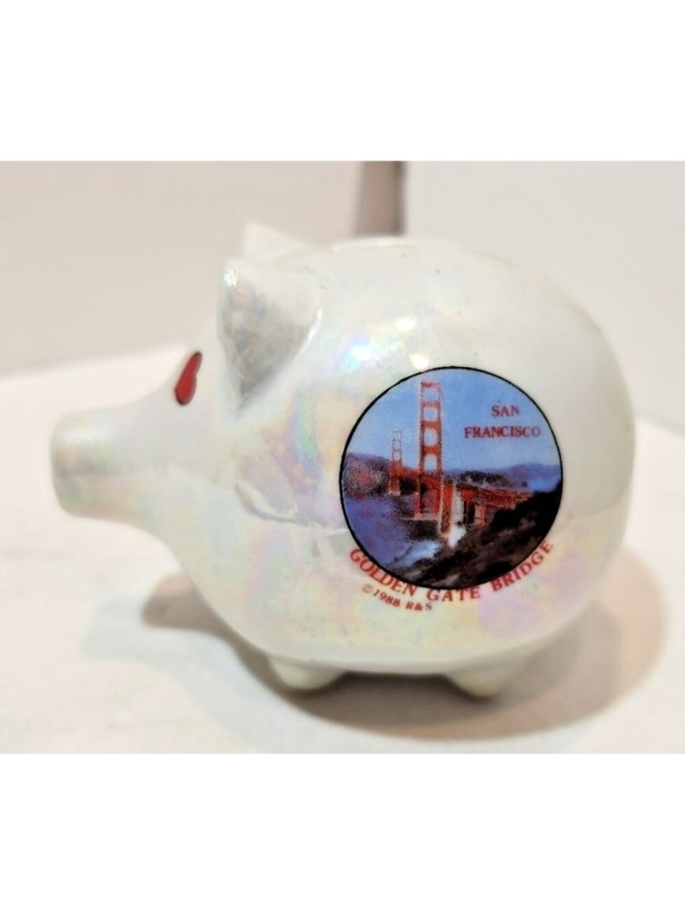 Vintage Golden Gate Bridge Iridescent White Souvenir Hearts Ceramic Piggy Bank